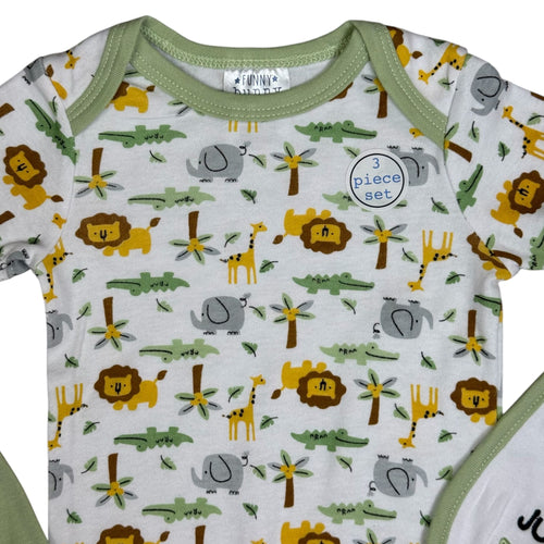 Baby Boys 3-Piece Outfit Set – Jungle Animals – Bodysuit, Pants & Bib